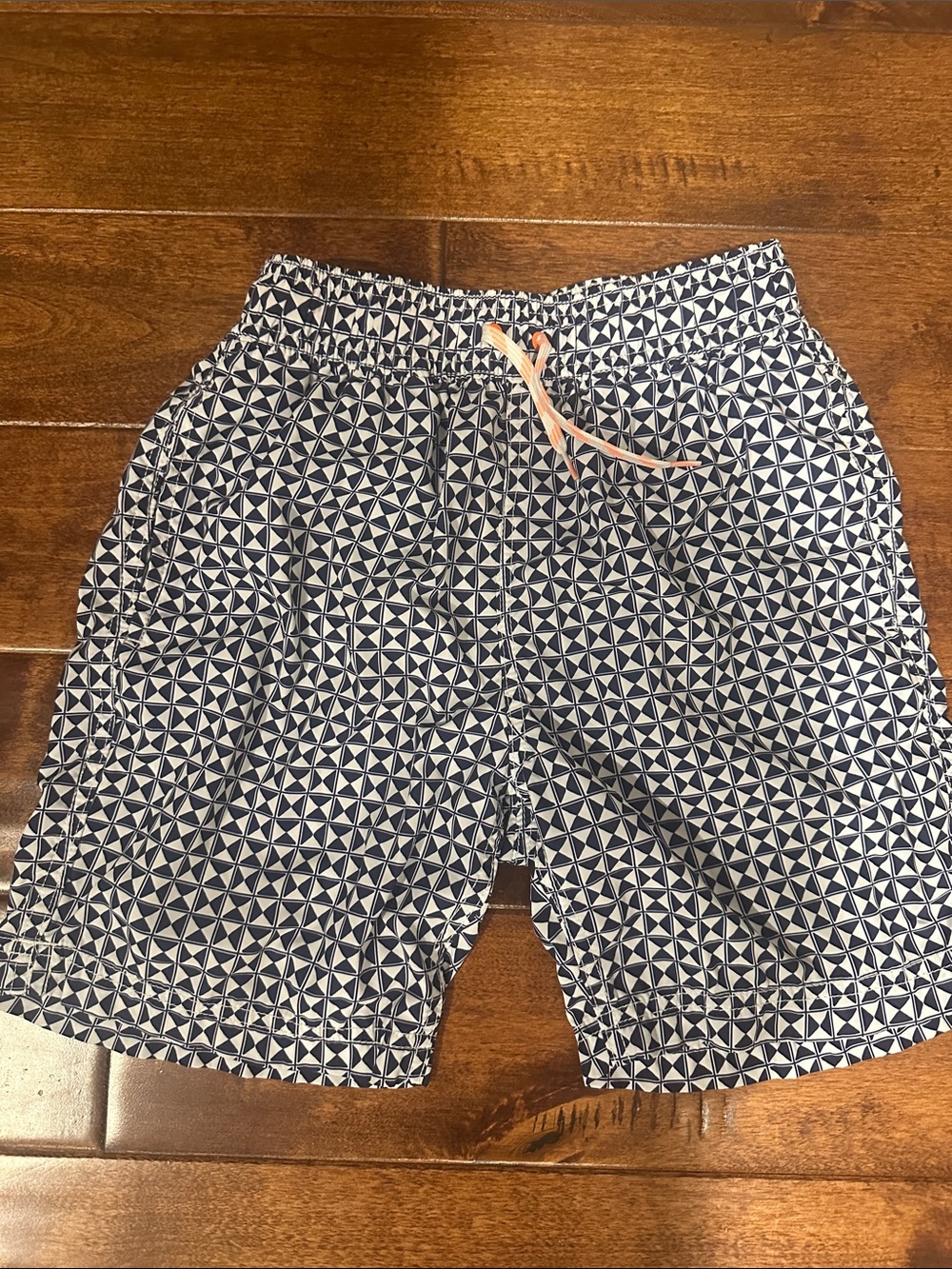 J. Crew Navy and White Geometric Kids Swim Trunks with Peach Drawstring